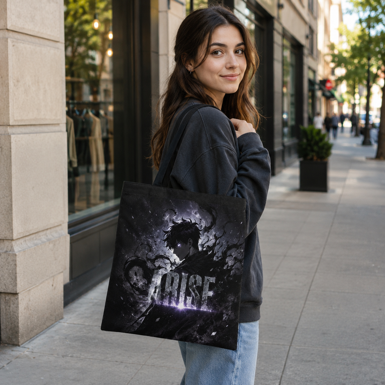 Black tote bag with Sung Jin-Woo Solo Leveling Arise Monochrome graphic – photo 3