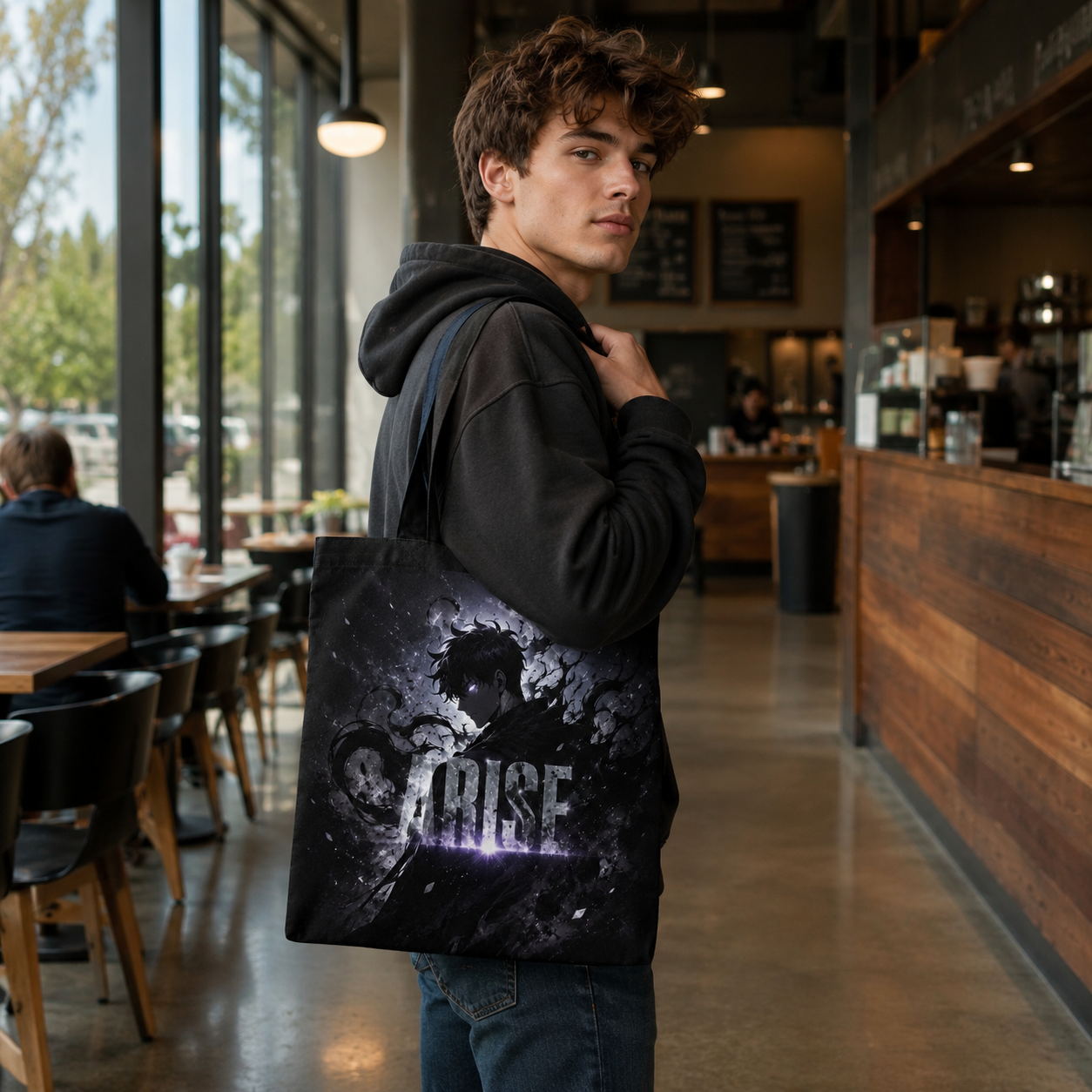 Black tote bag with Sung Jin-Woo Solo Leveling Arise Monochrome graphic – photo 4