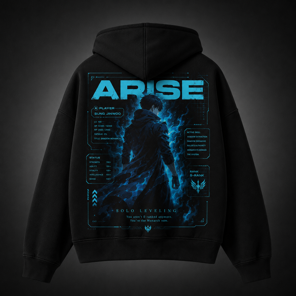 Black hoodie with Sung Jin-Woo Solo Leveling Arise Player Stats graphic – photo 1