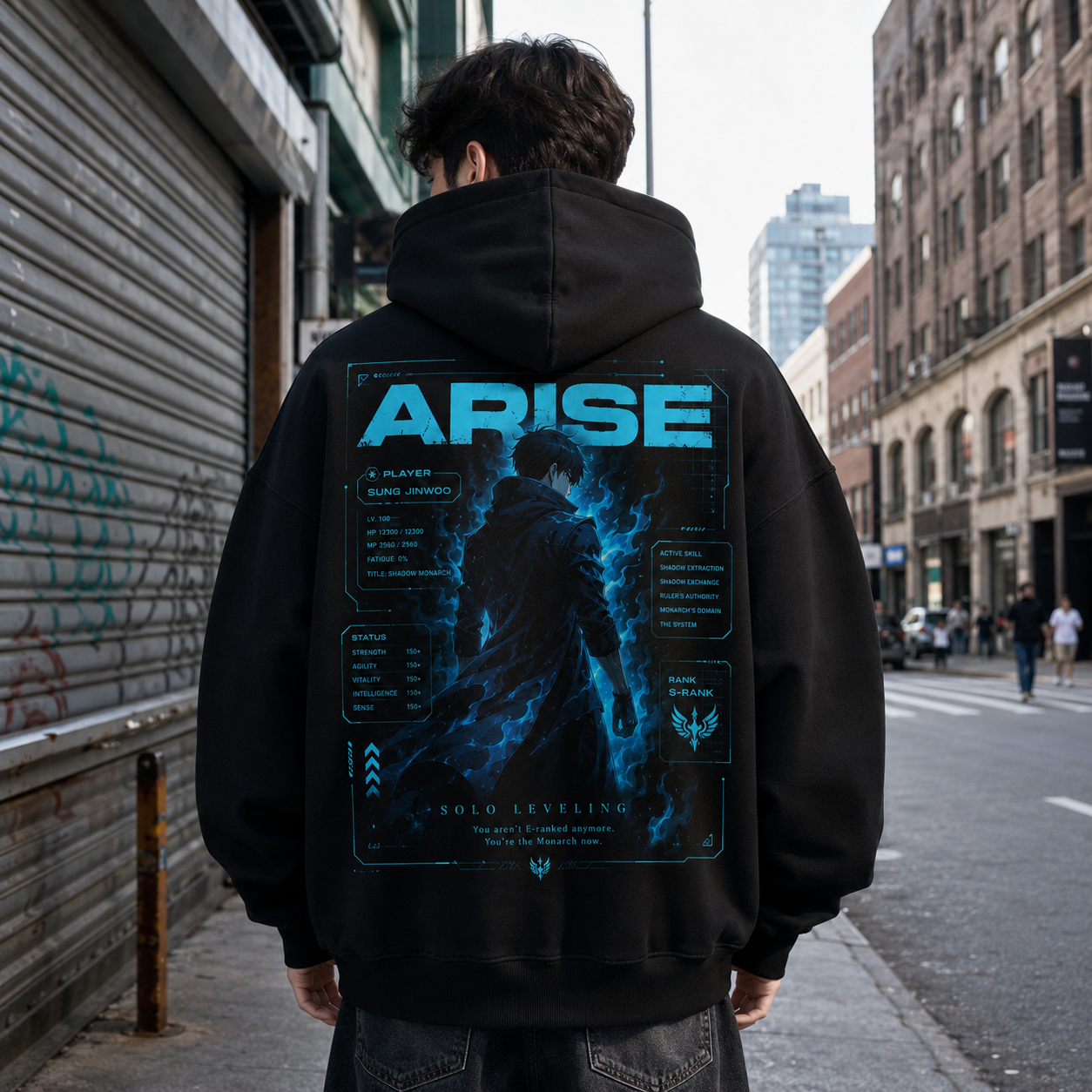 Black hoodie with Sung Jin-Woo Solo Leveling Arise Player Stats graphic – photo 3