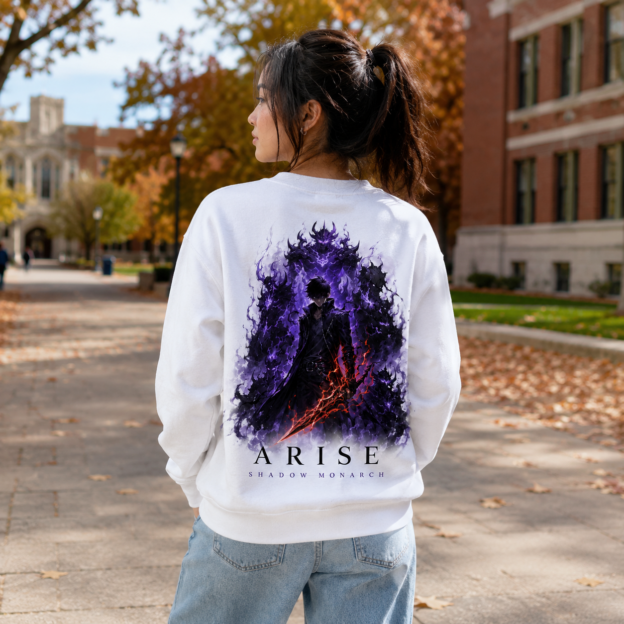 White sweatshirt with Sung Jin-Woo Solo Leveling Arise Shadow Monarch graphic – photo 3