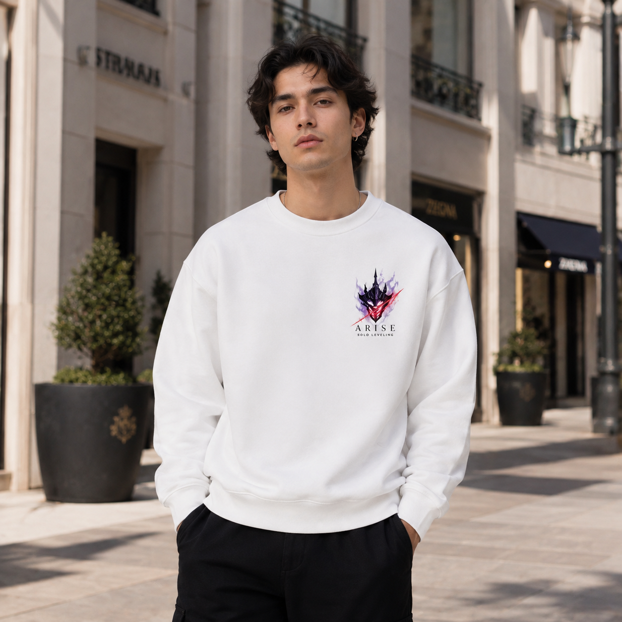 White sweatshirt with Sung Jin-Woo Solo Leveling Arise Shadow Monarch graphic – photo 4