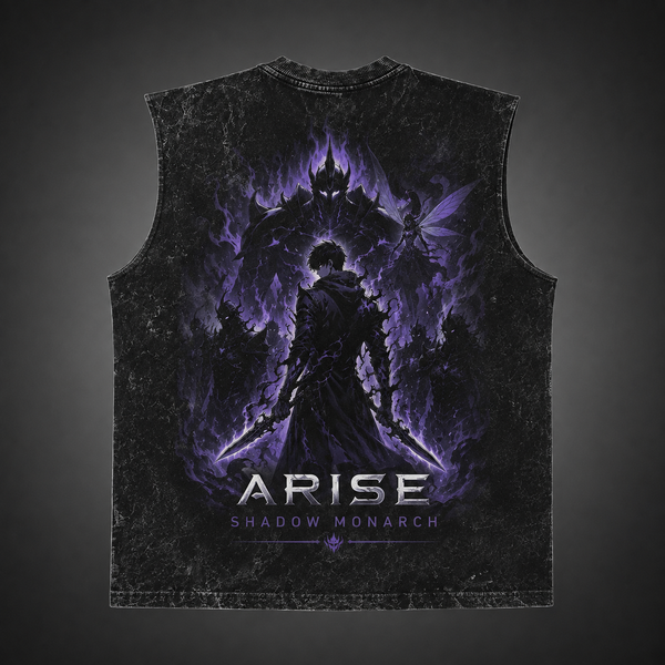 Washed black tank top with Sung Jin-Woo Solo Leveling Arise Shadow Monarch graphic – photo 1