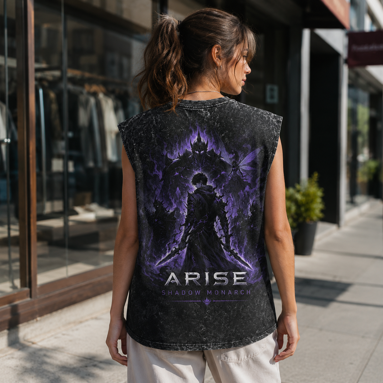 Washed black tank top with Sung Jin-Woo Solo Leveling Arise Shadow Monarch graphic – photo 3