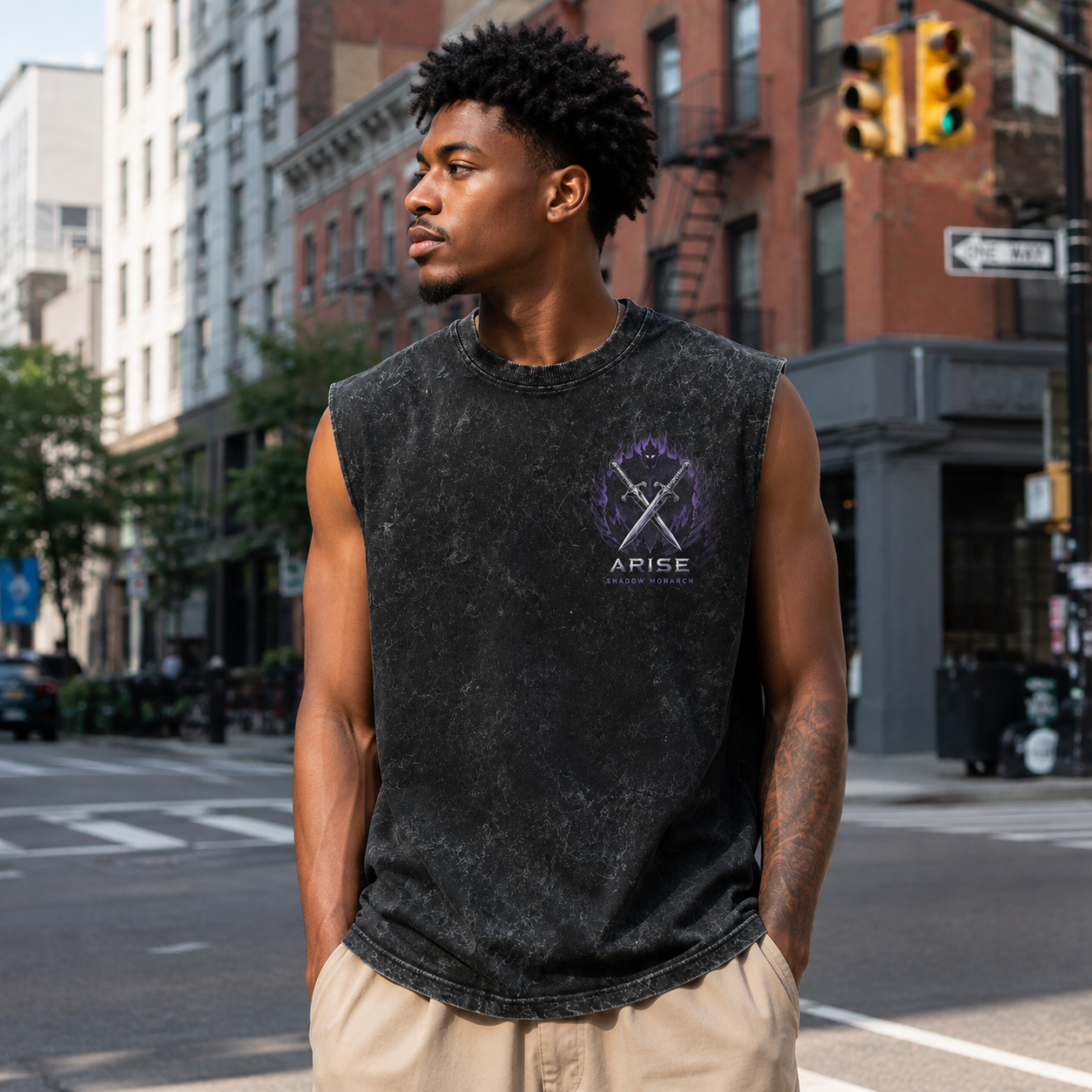 Washed black tank top with Sung Jin-Woo Solo Leveling Arise Shadow Monarch graphic – photo 4
