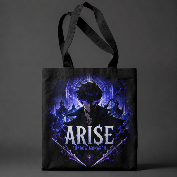 Black tote bag with Sung Jin-Woo Solo Leveling Arise Shadow Monarch graphic – photo 1