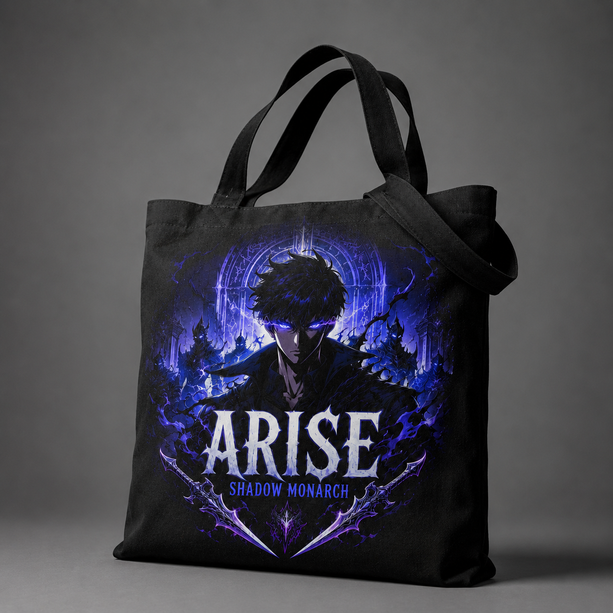 Black tote bag with Sung Jin-Woo Solo Leveling Arise Shadow Monarch graphic – photo 2