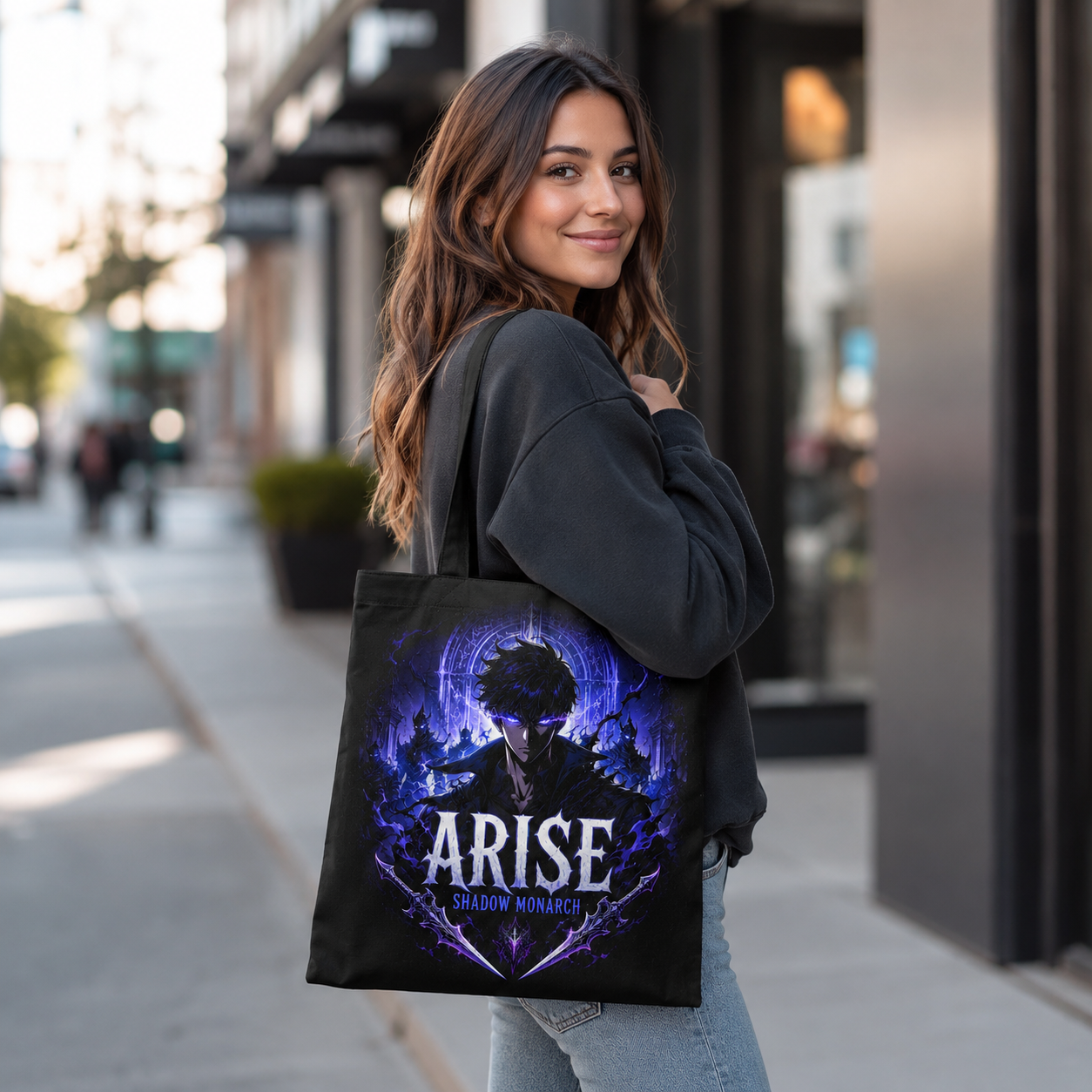 Black tote bag with Sung Jin-Woo Solo Leveling Arise Shadow Monarch graphic – photo 3
