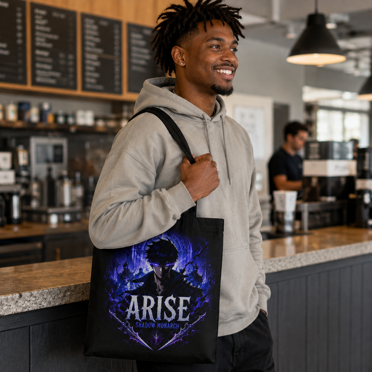 Black tote bag with Sung Jin-Woo Solo Leveling Arise Shadow Monarch graphic – photo 4
