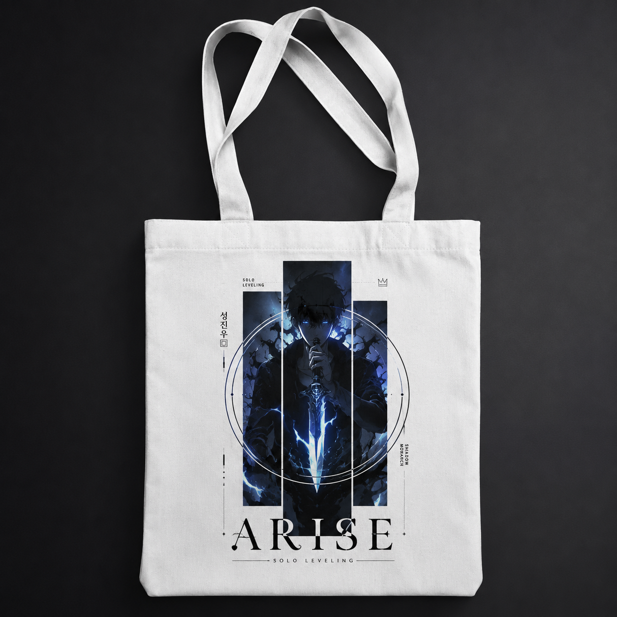 White tote bag with Sung Jin-Woo Solo Leveling Arise Sigil Circle graphic – photo 1
