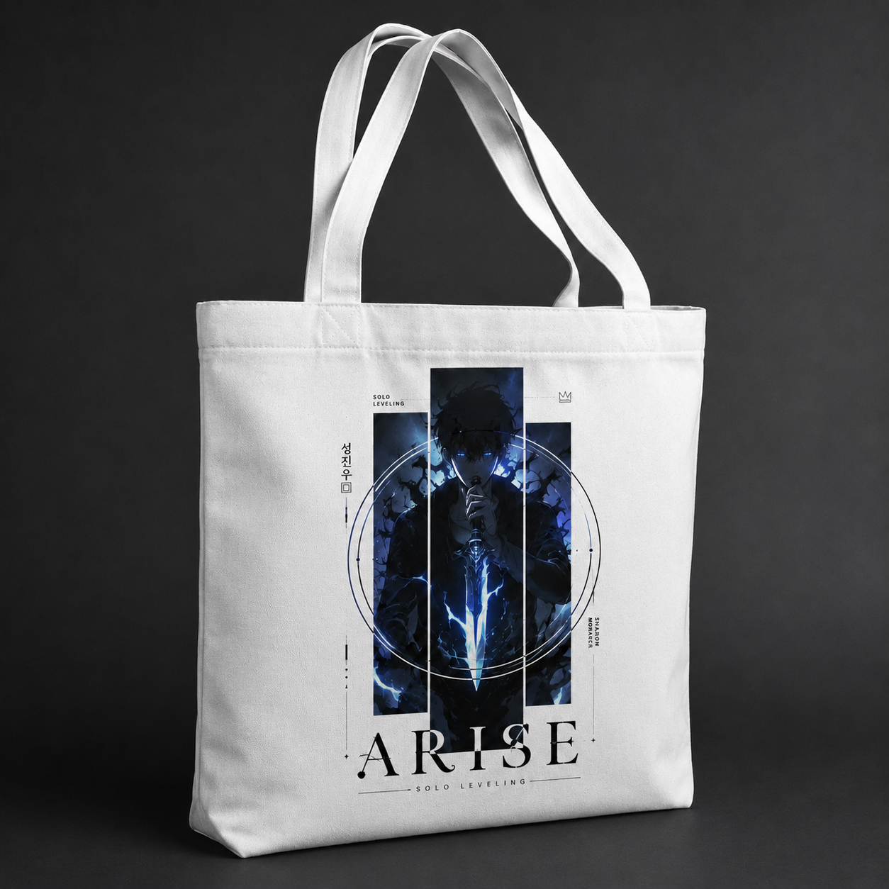 White tote bag with Sung Jin-Woo Solo Leveling Arise Sigil Circle graphic – photo 2