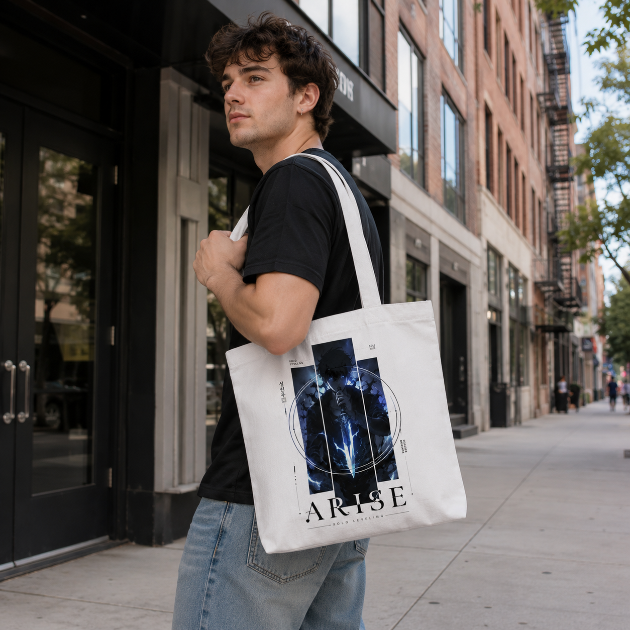 White tote bag with Sung Jin-Woo Solo Leveling Arise Sigil Circle graphic – photo 3