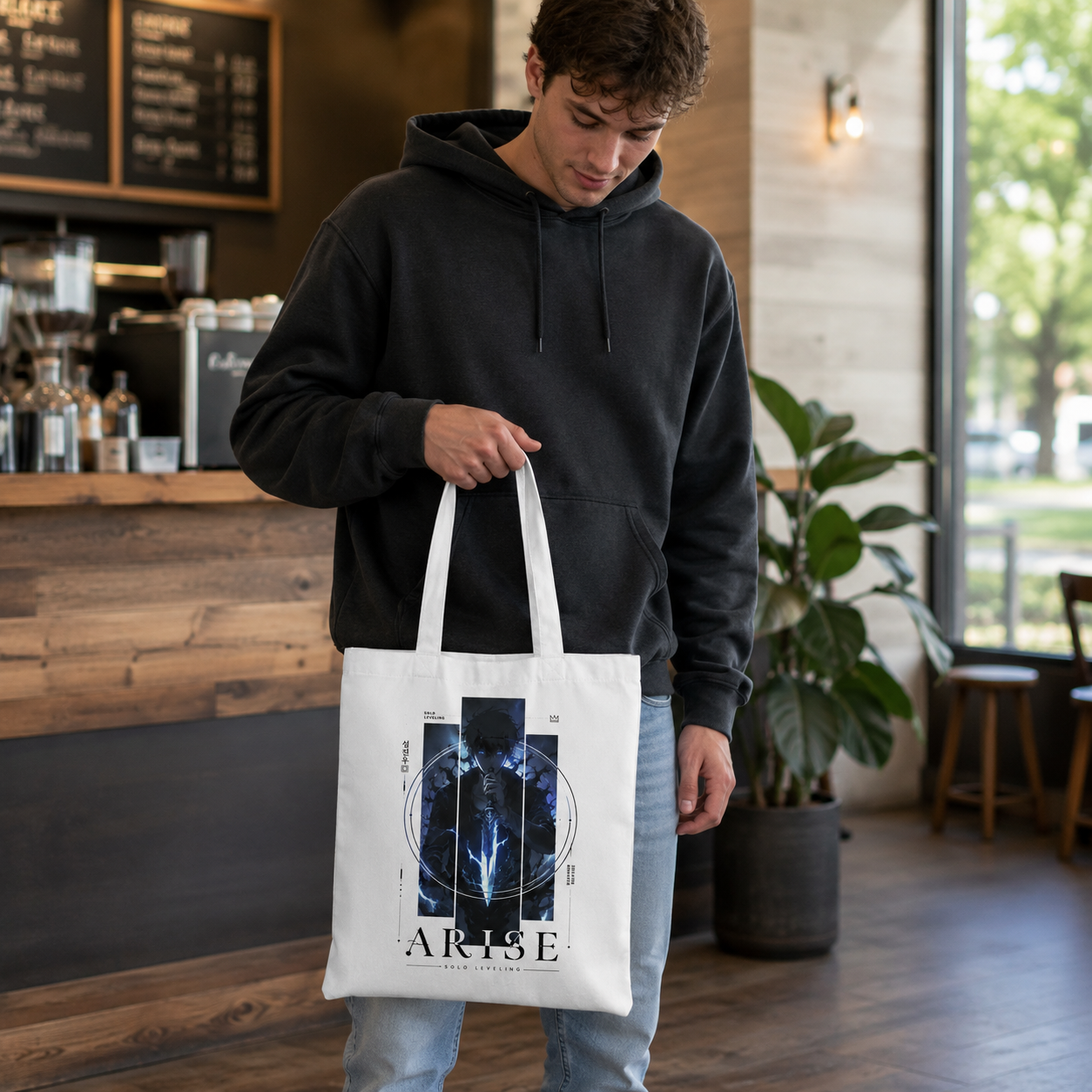White tote bag with Sung Jin-Woo Solo Leveling Arise Sigil Circle graphic – photo 4