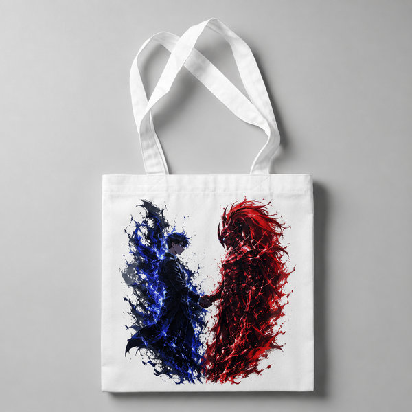 White tote bag with Sung Jin-Woo Solo Leveling Blue Flame Duel graphic – photo 1