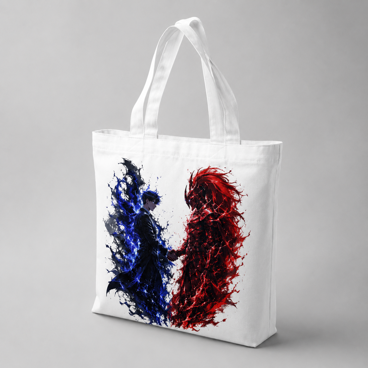 White tote bag with Sung Jin-Woo Solo Leveling Blue Flame Duel graphic – photo 2