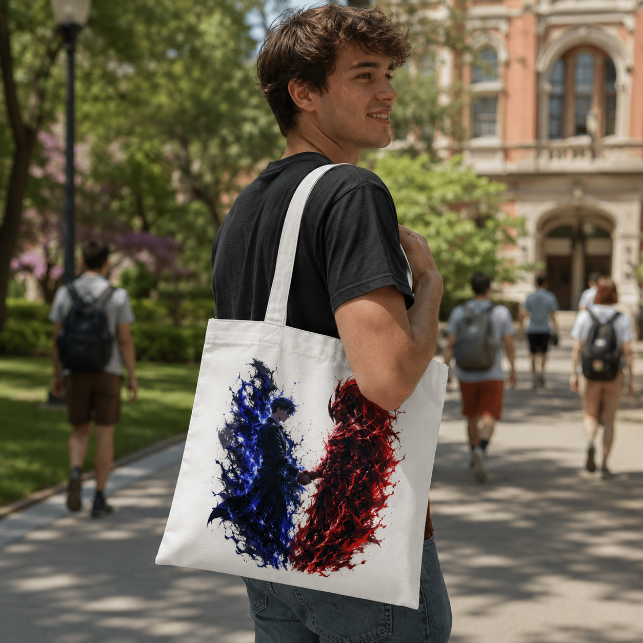 White tote bag with Sung Jin-Woo Solo Leveling Blue Flame Duel graphic – photo 4