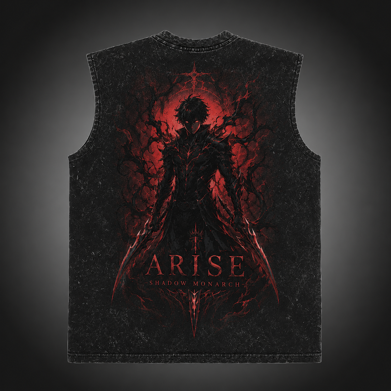 Washed black tank top with Sung Jin-Woo Solo Leveling Crimson Arise graphic – photo 1