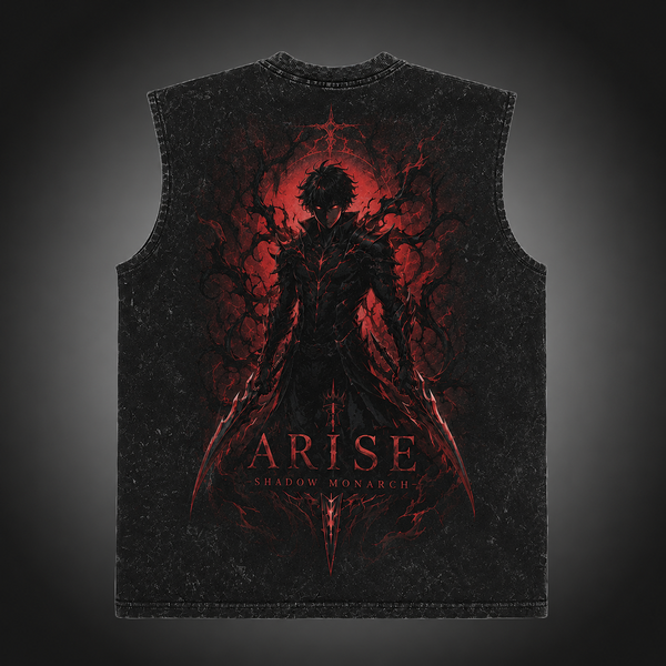 Washed black tank top with Sung Jin-Woo Solo Leveling Crimson Arise graphic – photo 1
