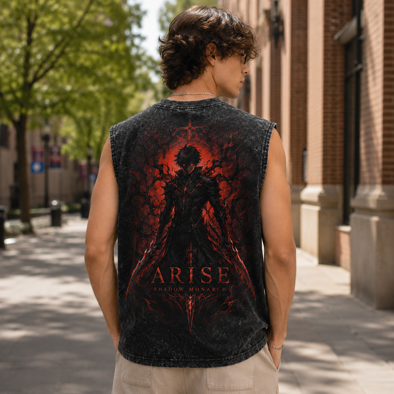 Washed black tank top with Sung Jin-Woo Solo Leveling Crimson Arise graphic – photo 3