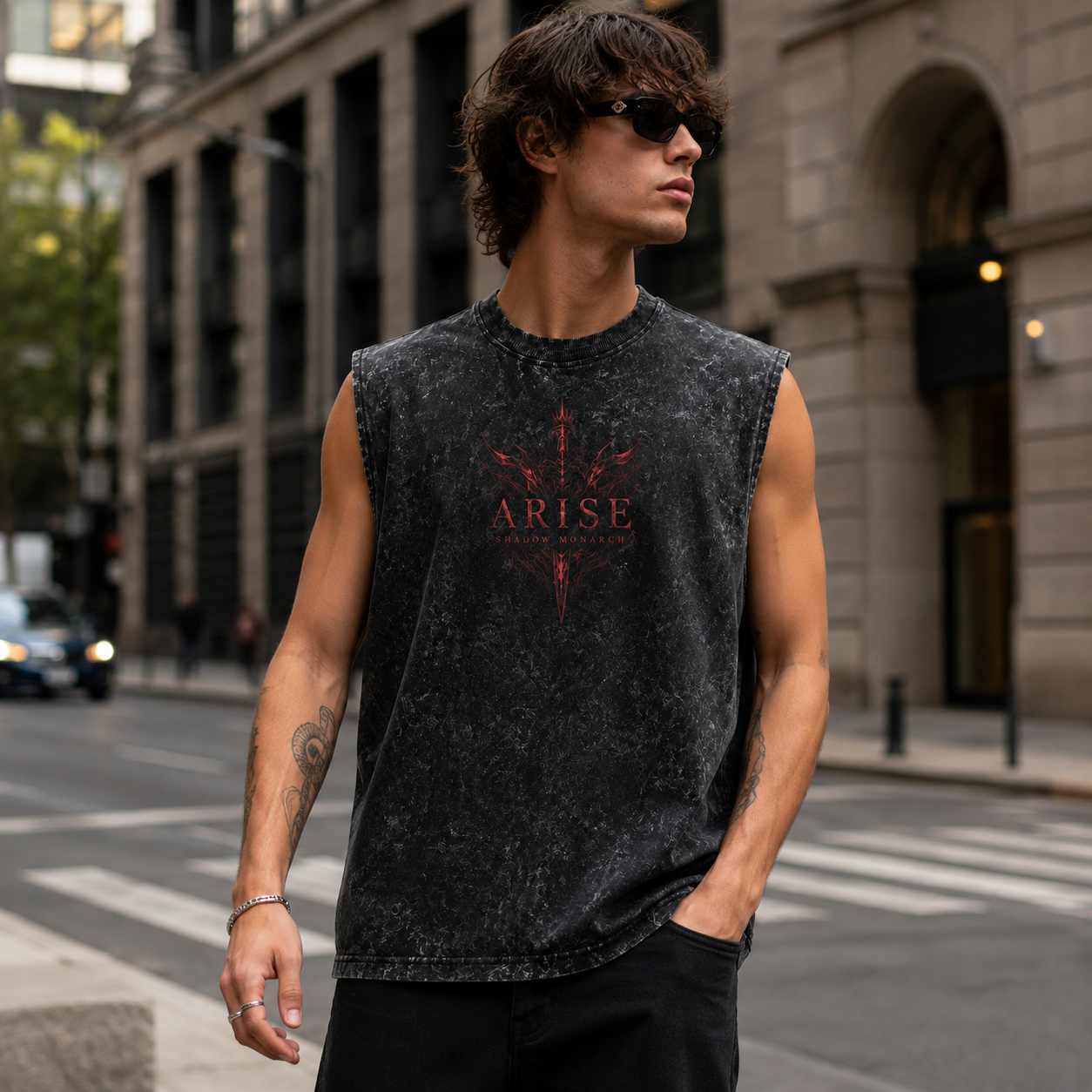 Washed black tank top with Sung Jin-Woo Solo Leveling Crimson Arise graphic – photo 4