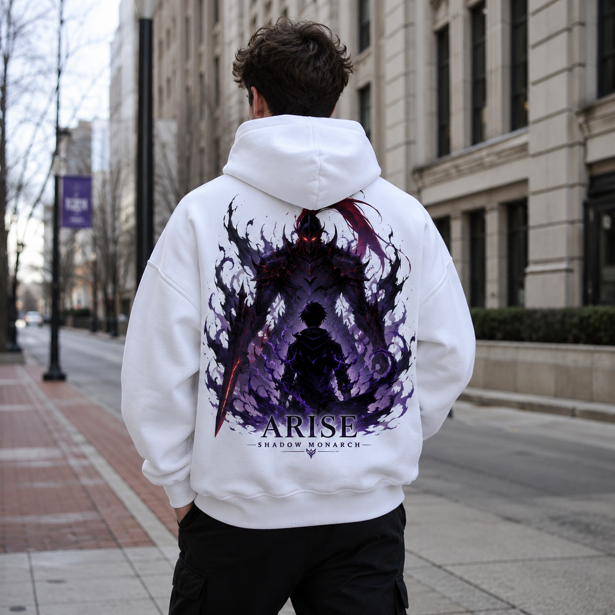 White hoodie with Sung Jin-Woo Solo Leveling Crimson Shadow Sovereign graphic – photo 3