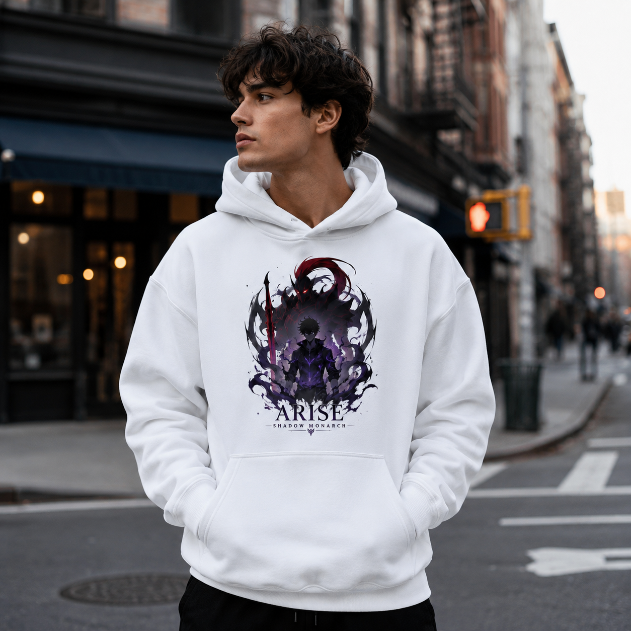 White hoodie with Sung Jin-Woo Solo Leveling Crimson Shadow Sovereign graphic – photo 4