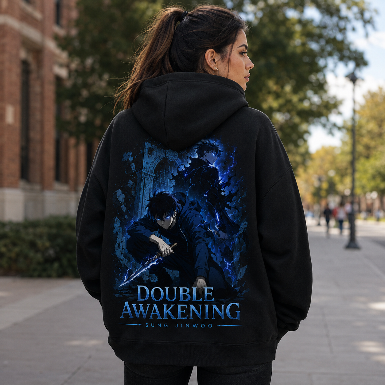 Black hoodie with Sung Jin-Woo Solo Leveling Double Awakening graphic – photo 3