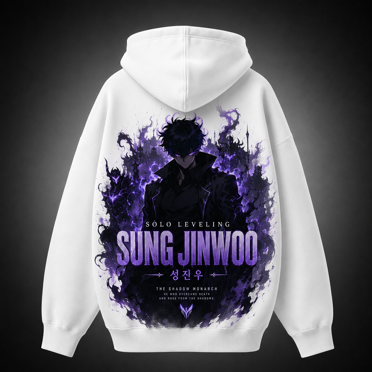 White hoodie with Sung Jin-Woo Solo Leveling He Who Overcame Death graphic – photo 1