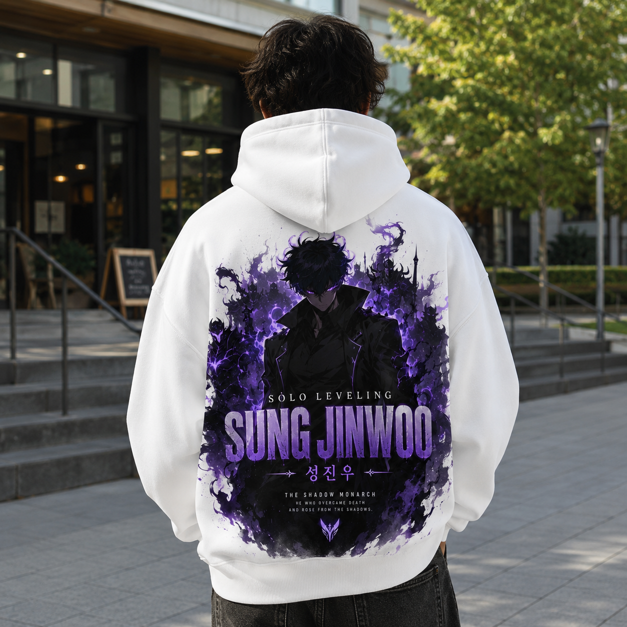White hoodie with Sung Jin-Woo Solo Leveling He Who Overcame Death graphic – photo 3