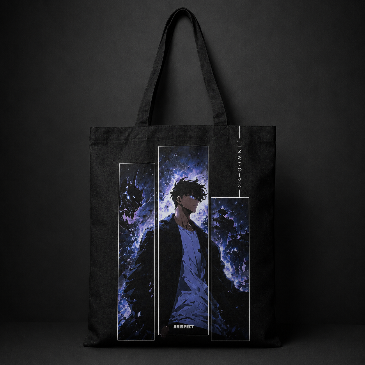 Black tote bag with Sung Jin-Woo Solo Leveling Jinwoo Triptych graphic – photo 1