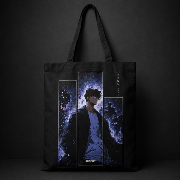 Black tote bag with Sung Jin-Woo Solo Leveling Jinwoo Triptych graphic – photo 1