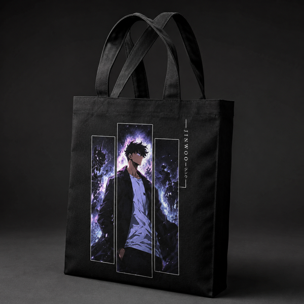 Black tote bag with Sung Jin-Woo Solo Leveling Jinwoo Triptych graphic – photo 2