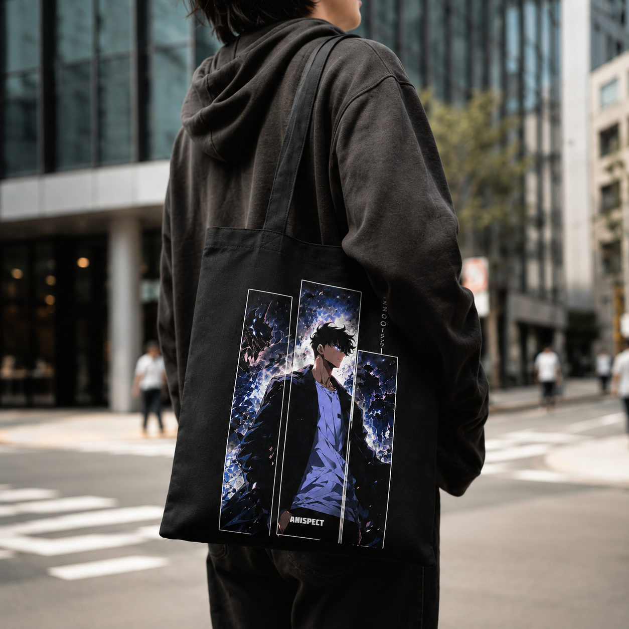 Black tote bag with Sung Jin-Woo Solo Leveling Jinwoo Triptych graphic – photo 3