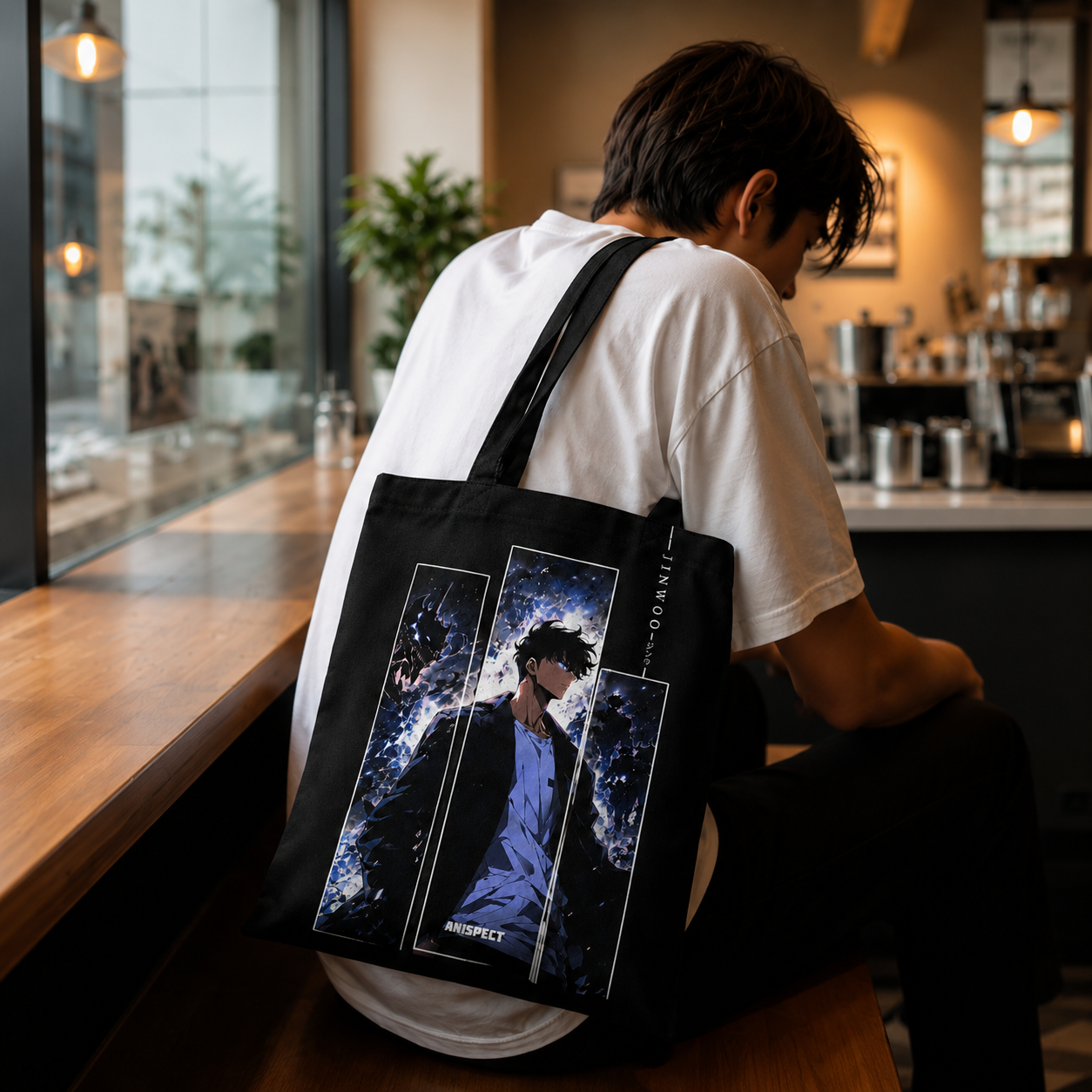 Black tote bag with Sung Jin-Woo Solo Leveling Jinwoo Triptych graphic – photo 4