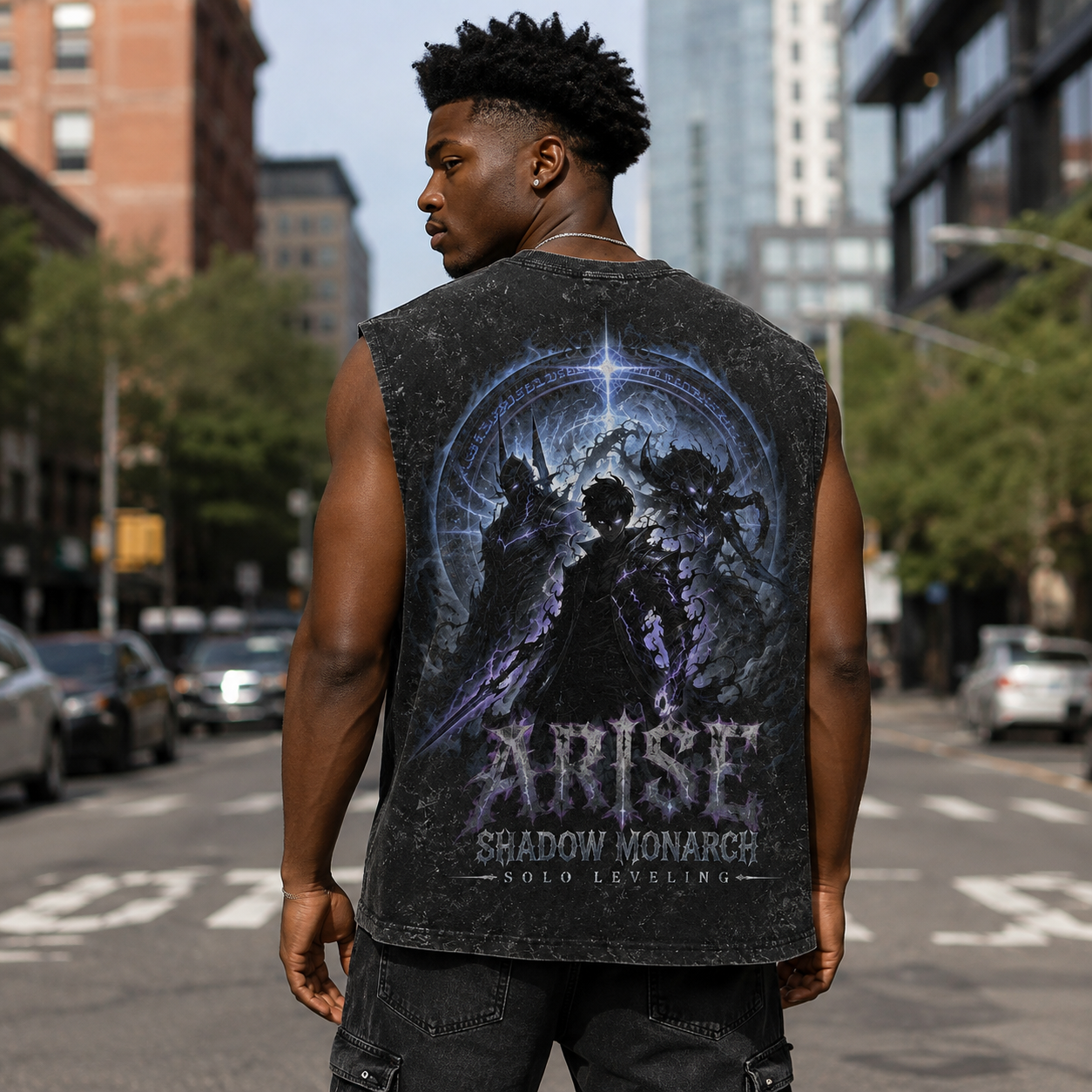 Washed black tank top with Sung Jin-Woo Solo Leveling Monarch Ascension graphic – photo 3