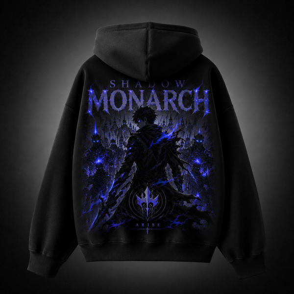 Black hoodie with Sung Jin-Woo Solo Leveling Monarch Kneeling Rise graphic – photo 1