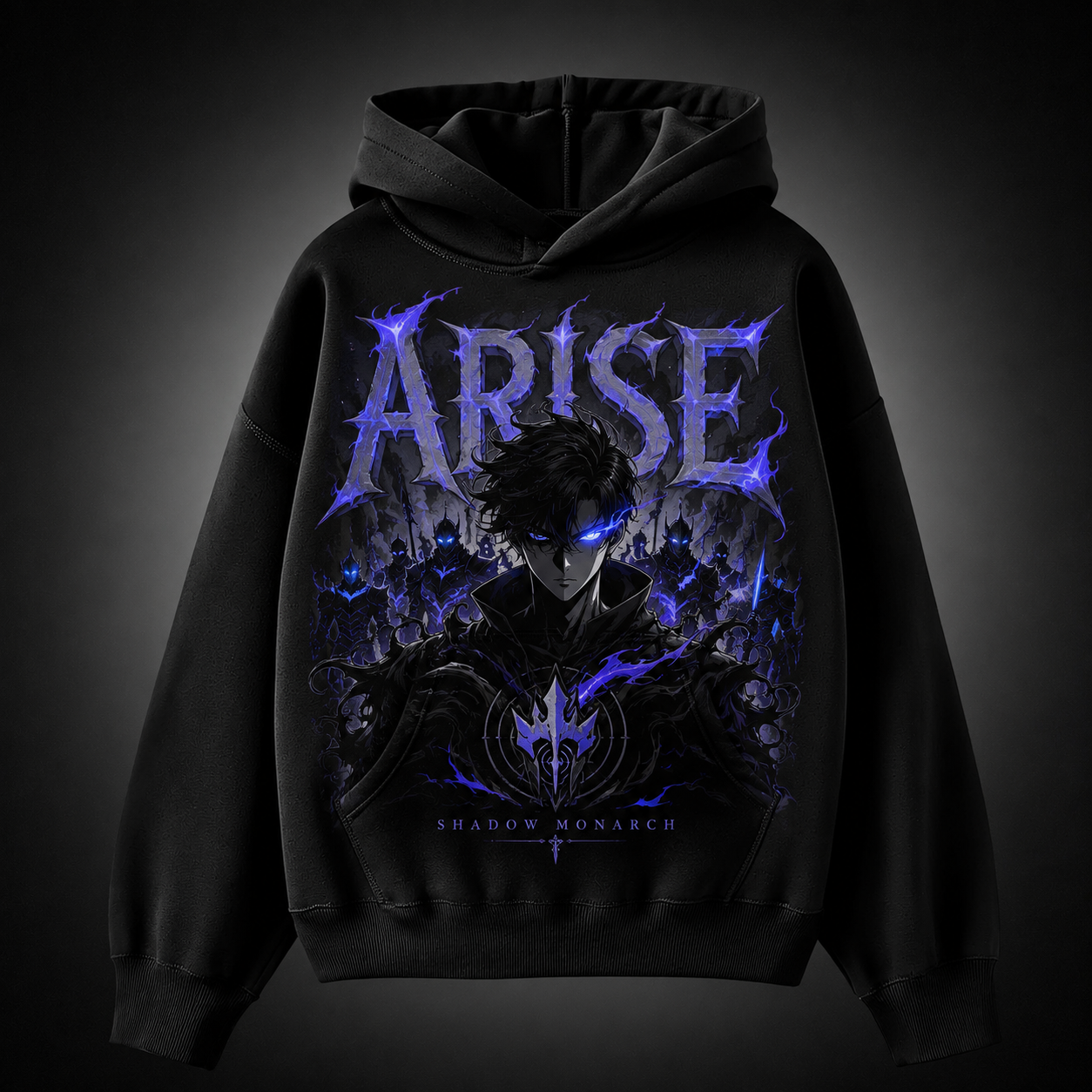 Black hoodie with Sung Jin-Woo Solo Leveling Monarch Kneeling Rise graphic – photo 2