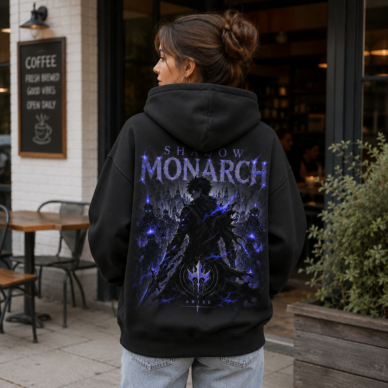 Black hoodie with Sung Jin-Woo Solo Leveling Monarch Kneeling Rise graphic – photo 3