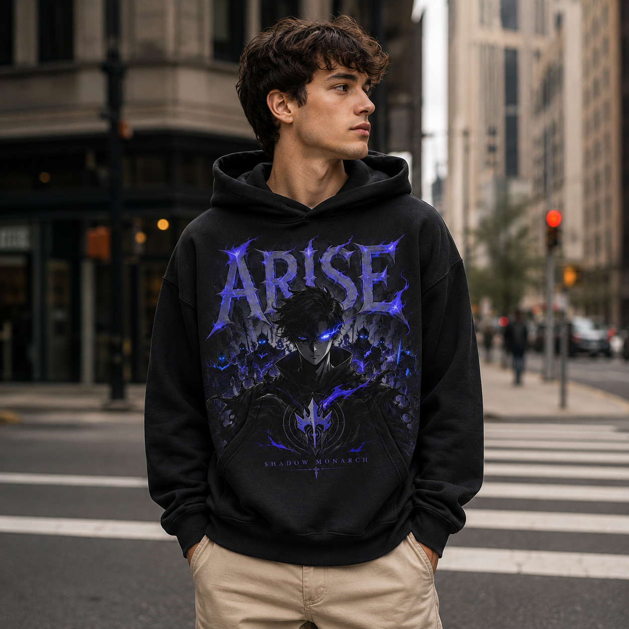 Black hoodie with Sung Jin-Woo Solo Leveling Monarch Kneeling Rise graphic – photo 4