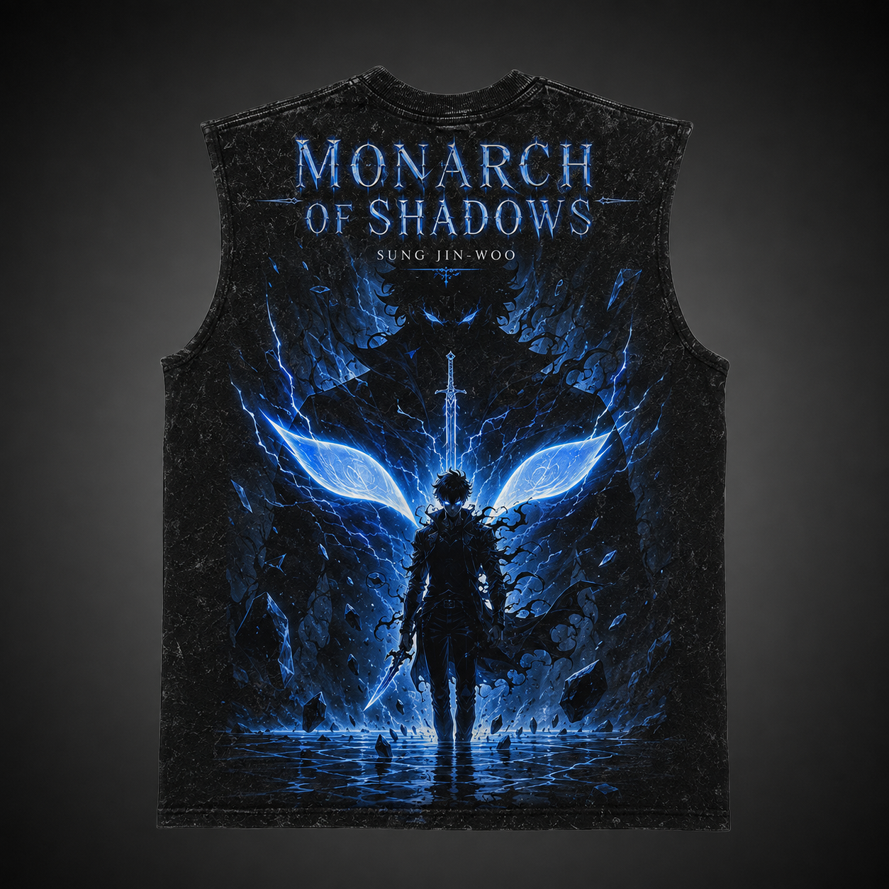 Washed black tank top with Sung Jin-Woo Solo Leveling Monarch Of Shadows graphic – photo 1