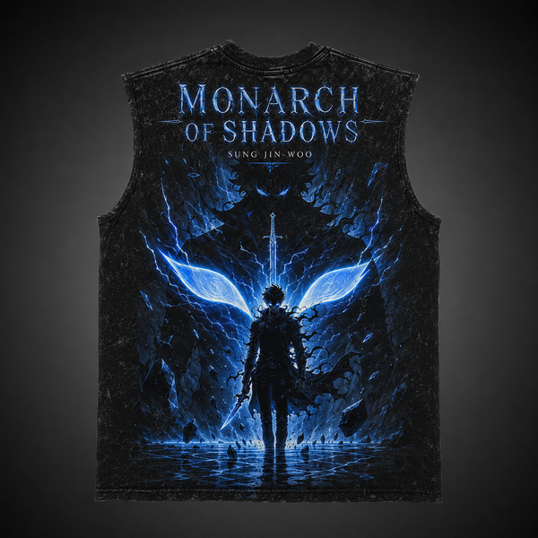 Washed black tank top with Sung Jin-Woo Solo Leveling Monarch Of Shadows graphic – photo 1