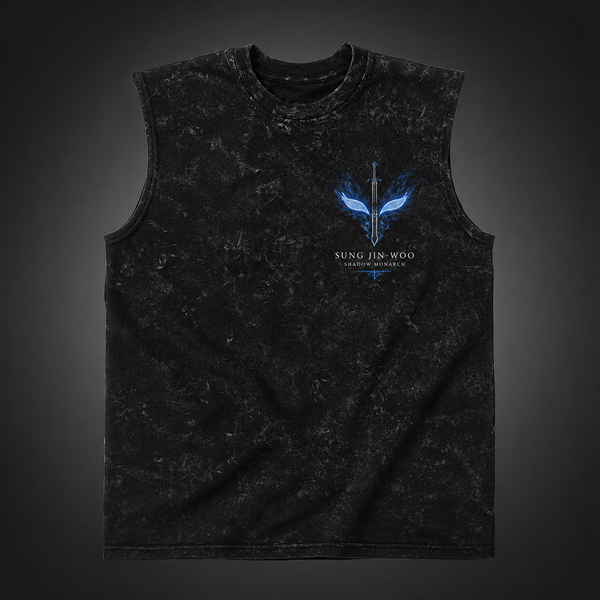 Washed black tank top with Sung Jin-Woo Solo Leveling Monarch Of Shadows graphic – photo 2