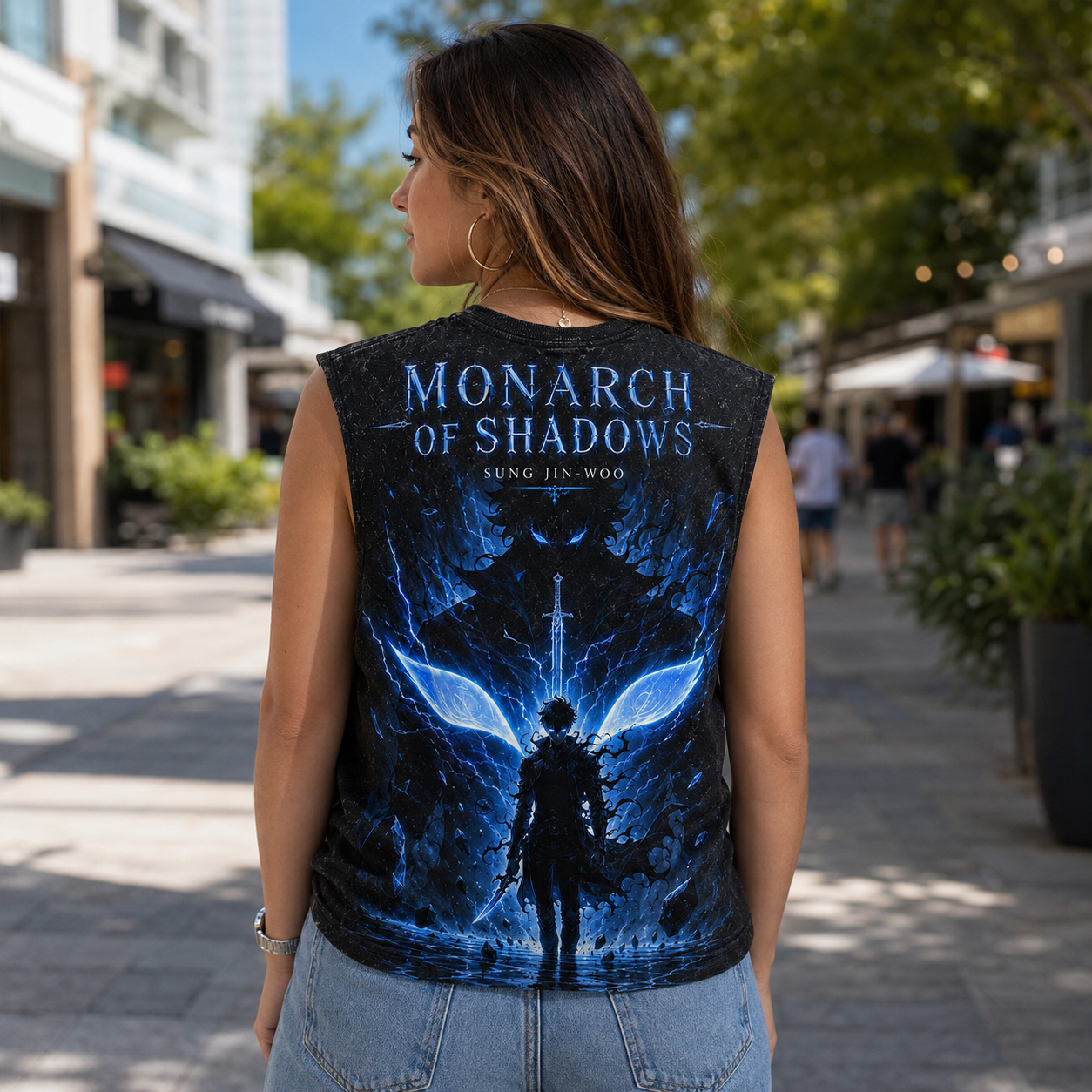 Washed black tank top with Sung Jin-Woo Solo Leveling Monarch Of Shadows graphic – photo 3