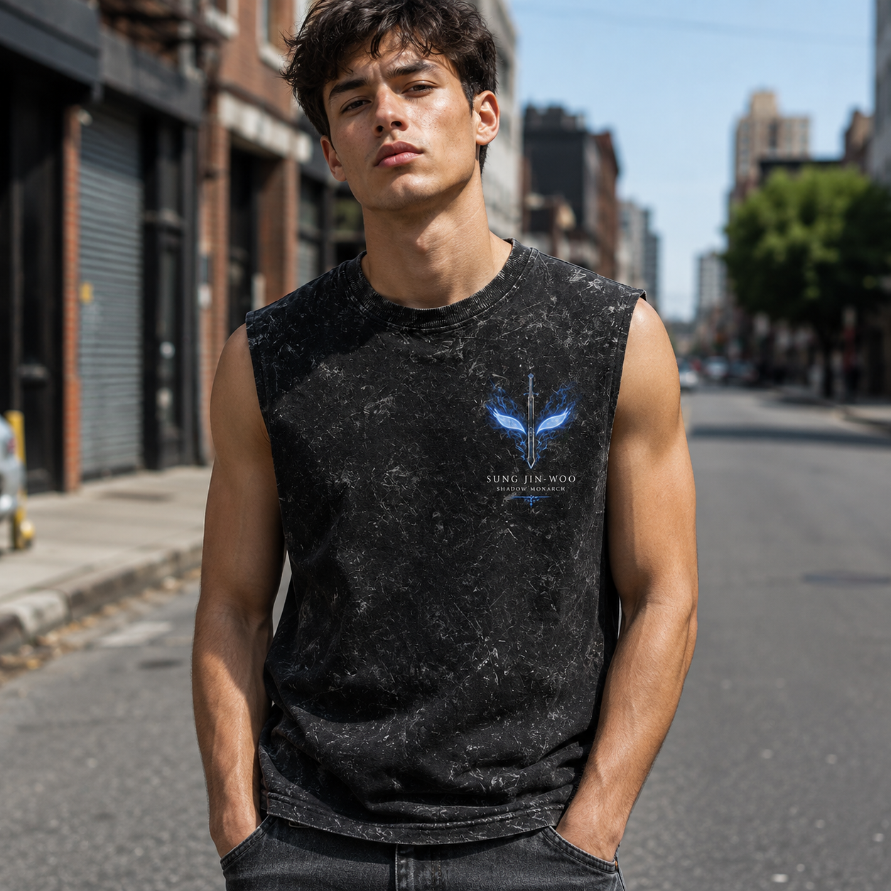 Washed black tank top with Sung Jin-Woo Solo Leveling Monarch Of Shadows graphic – photo 4