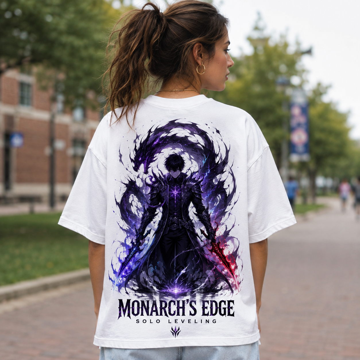 White t-shirt with Sung Jin-Woo Solo Leveling Monarch's Edge graphic – photo 3