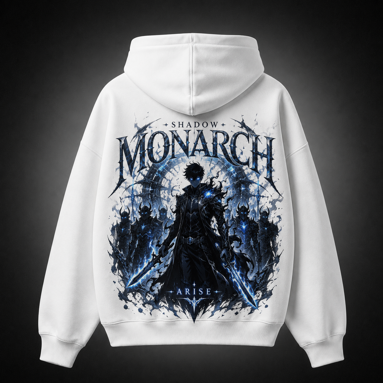 White hoodie with Sung Jin-Woo Solo Leveling Monarch Shadow Army graphic – photo 1