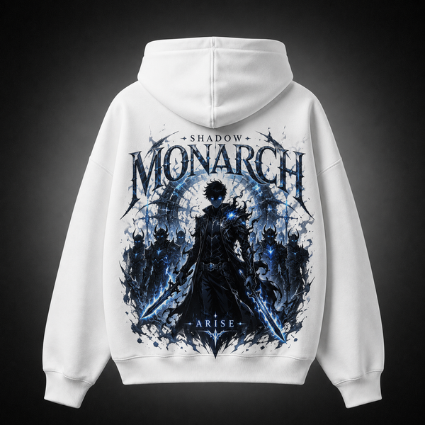 White hoodie with Sung Jin-Woo Solo Leveling Monarch Shadow Army graphic – photo 1