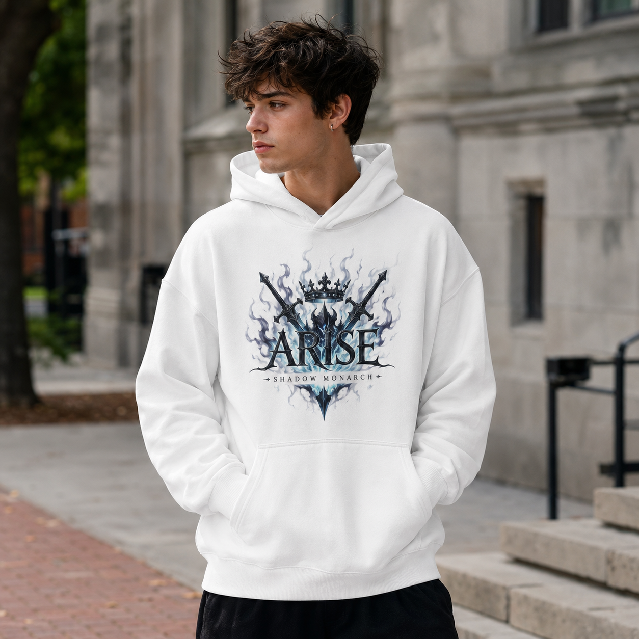 White hoodie with Sung Jin-Woo Solo Leveling Monarch Shadow Army graphic – photo 4