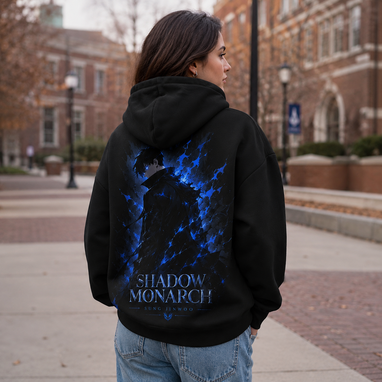 Black hoodie with Sung Jin-Woo Solo Leveling Monarch Silhouette graphic – photo 3