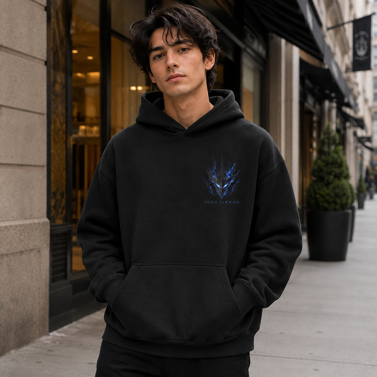 Black hoodie with Sung Jin-Woo Solo Leveling Monarch Silhouette graphic – photo 4